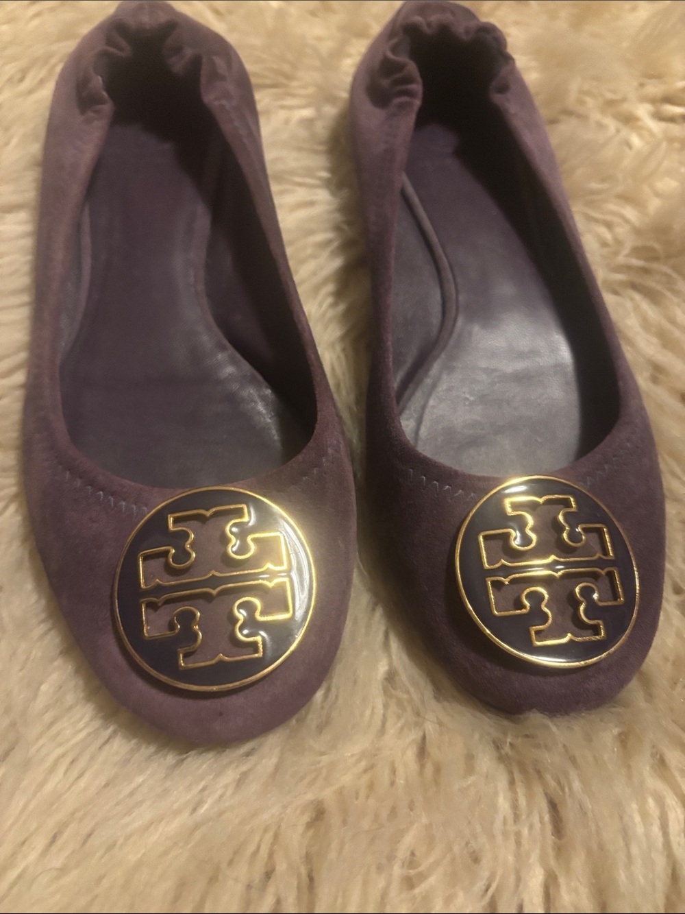 Tory Burch Plum Suede Ballet Flats with Gold Logo